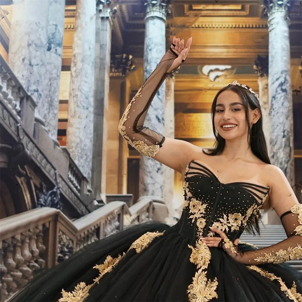 Black strapless bandage sheer long-sleeve heavily beaded train ball gown Quinceanera dark luxury princess dress - view 5