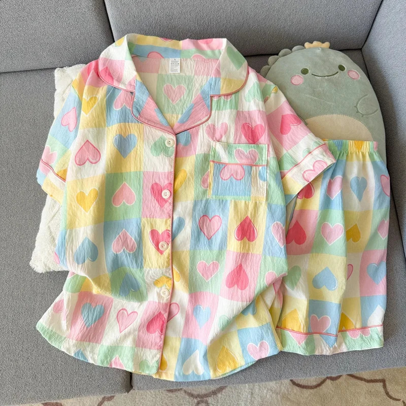 Women Summer Lapel Open Front Pajama Set Short Sleeve Top Shorts Sweet Ins Teen Loungewear Casual Daily Outdoor Home Wear Suit 260625 - view 7