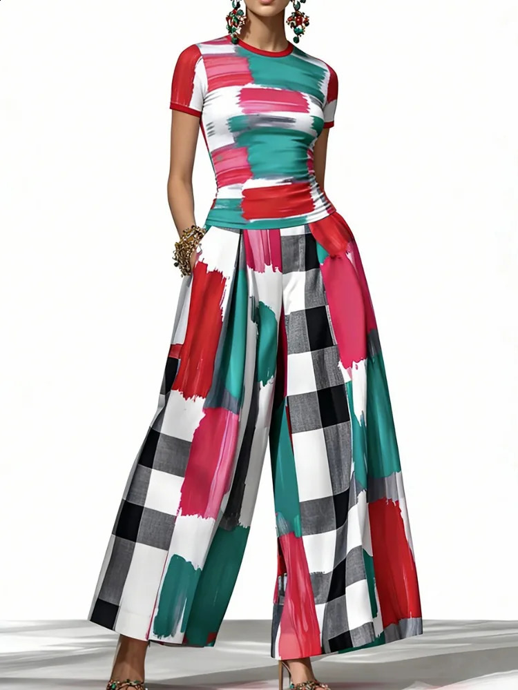 UOOZEE 2026 Fashion Contrast Color Plaid Matching Pants Women High Waisted Wide Leg Loose Casual Pleated Palazzo Trousers 260625 - view 5