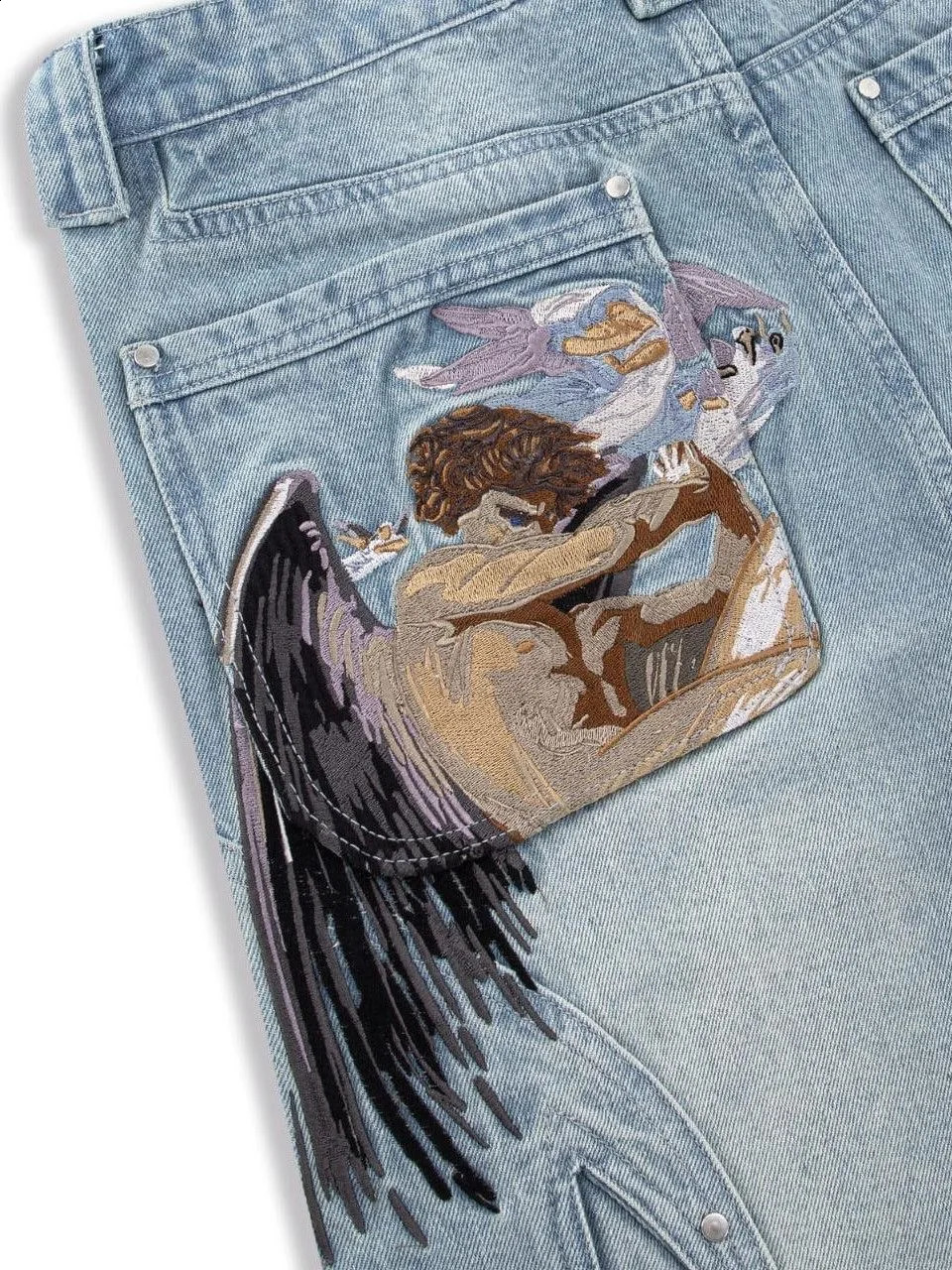 Y2K Black Baggy Cargo Jeans Men Horse Back Pocket Embroidery Cursive Wild Ride Distressed Cut Out Wide Leg Casual Denim Trouser 260625 - view 7