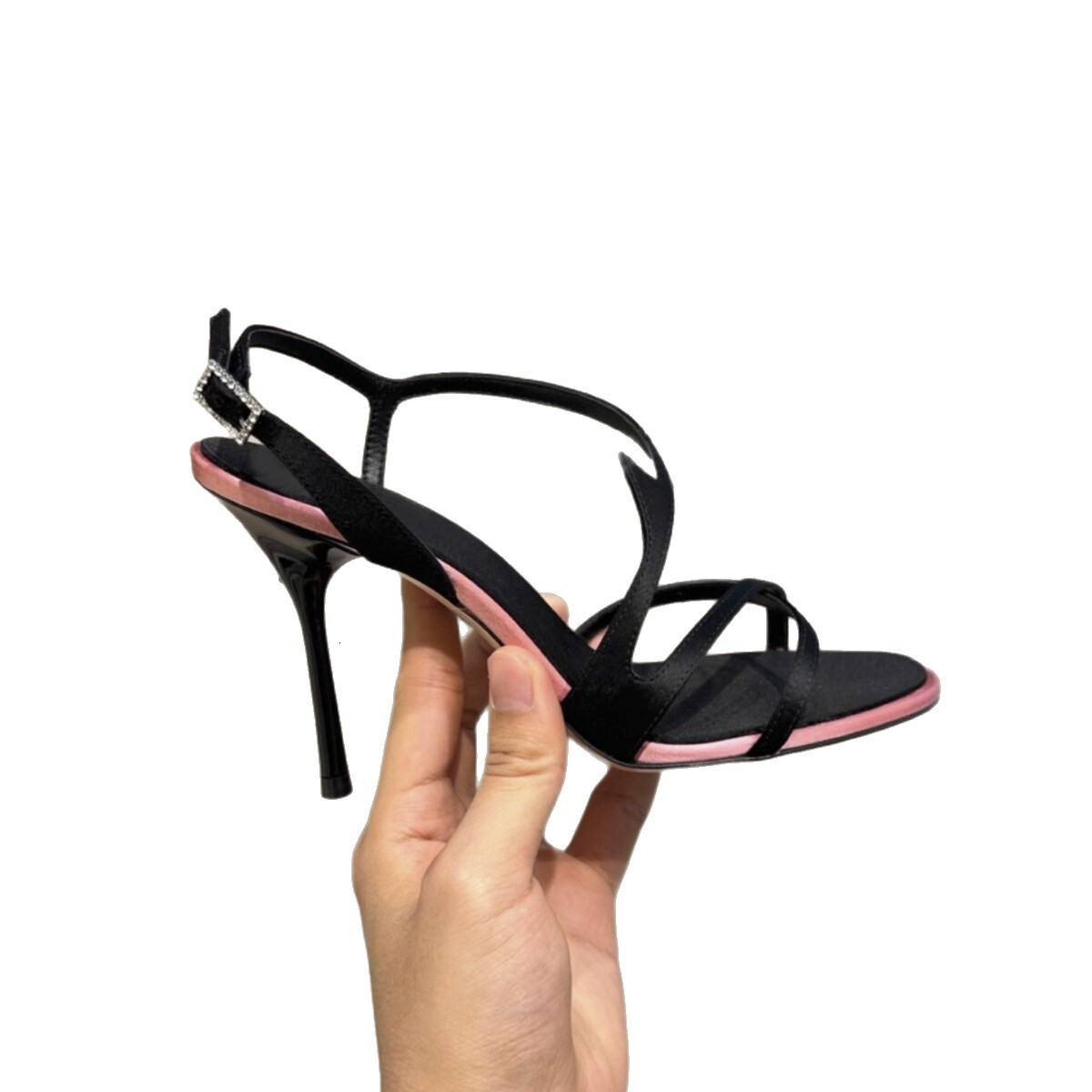 Women 2026 Black Stiletto High Heeled Shoes New Summer Model Open Toe One Strap Satin Color Blocking Elegant And Versatile Women S Sandals - view 6