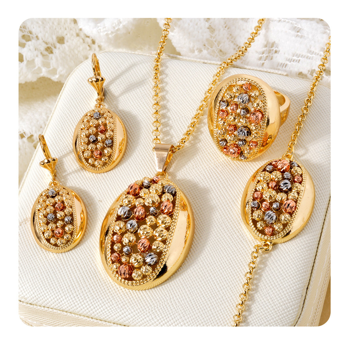 Necklace Bracelet Jewelry New Product: Oval Hollow Electroplated Steel Bead Necklace Bracelet Earrings Ring Niche Design Set - view 3