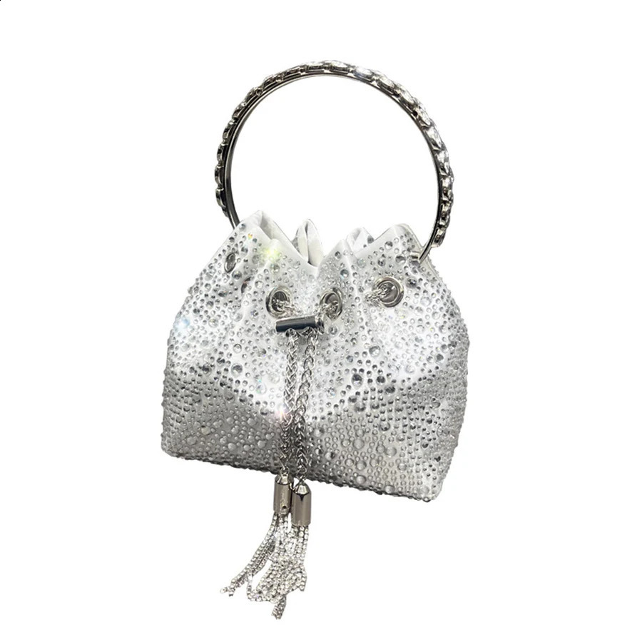 Tassel Womens Shoulder Bags Metal Ring Diamond Bucket Bag Shiny Drawstring Handbag Tote Chain Crossbody Evening Clutch 260612 - view 7