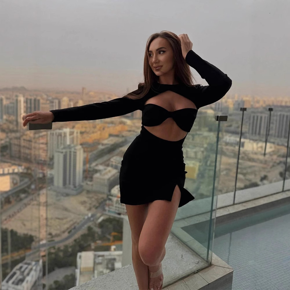 Womens Long Sleeve Mini Dress Womens Hollow Round Neck Waist Slimming Split Soft Gown For Women Daily Autumn Winter Layered Dinner Outfits - view 5