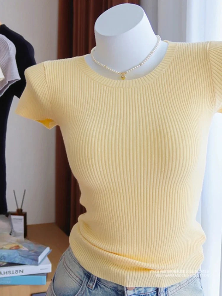 2026 ZJAISS Basic Oneck Solid Thin Summer Pullover Women Female Knitted Ribbed Sweater Slim Short Sleeve Bodycon 260626 - view 6
