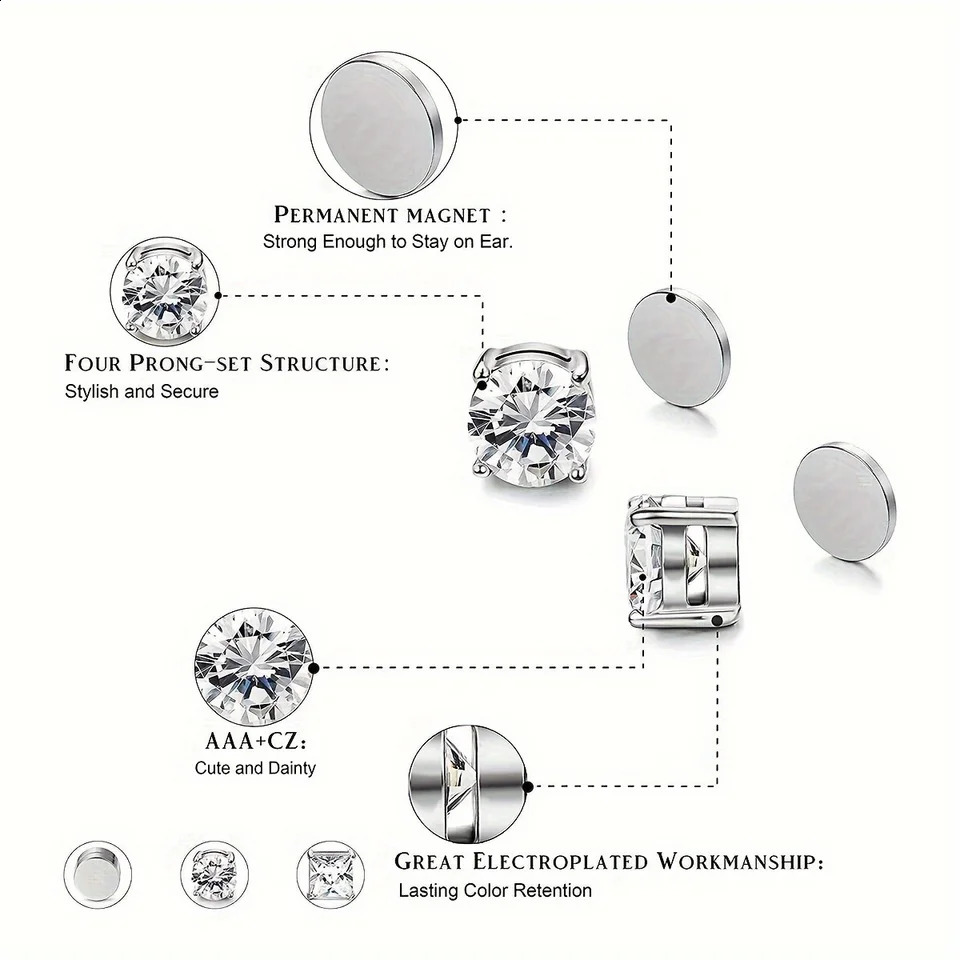2pcs Unisex Fashion Stainless Steel Magnetic Cubic Zirconia Ear Clips Nonpiercing Adjustable Clipon Earrings for Men Women 260623 - view 6
