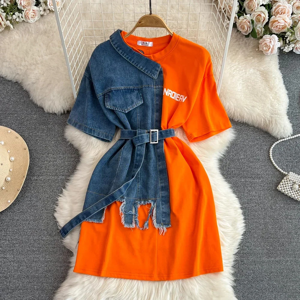 Harajuku Summer Womens Denim Patchwork Short Sleeve T-Shirts Tees O-neck Loose Contrast Color Jeans Tees Belted Jumpers Tops 260626