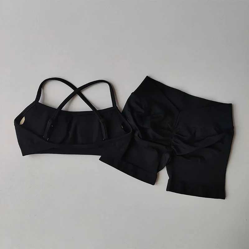 Set 2 Gym Pieces Yoga Women Seamless Strappy Yoga Bra High Waist Workout Scrunch Shorts Sports Set Fitness Clothes Sportswear M260626 - view 7