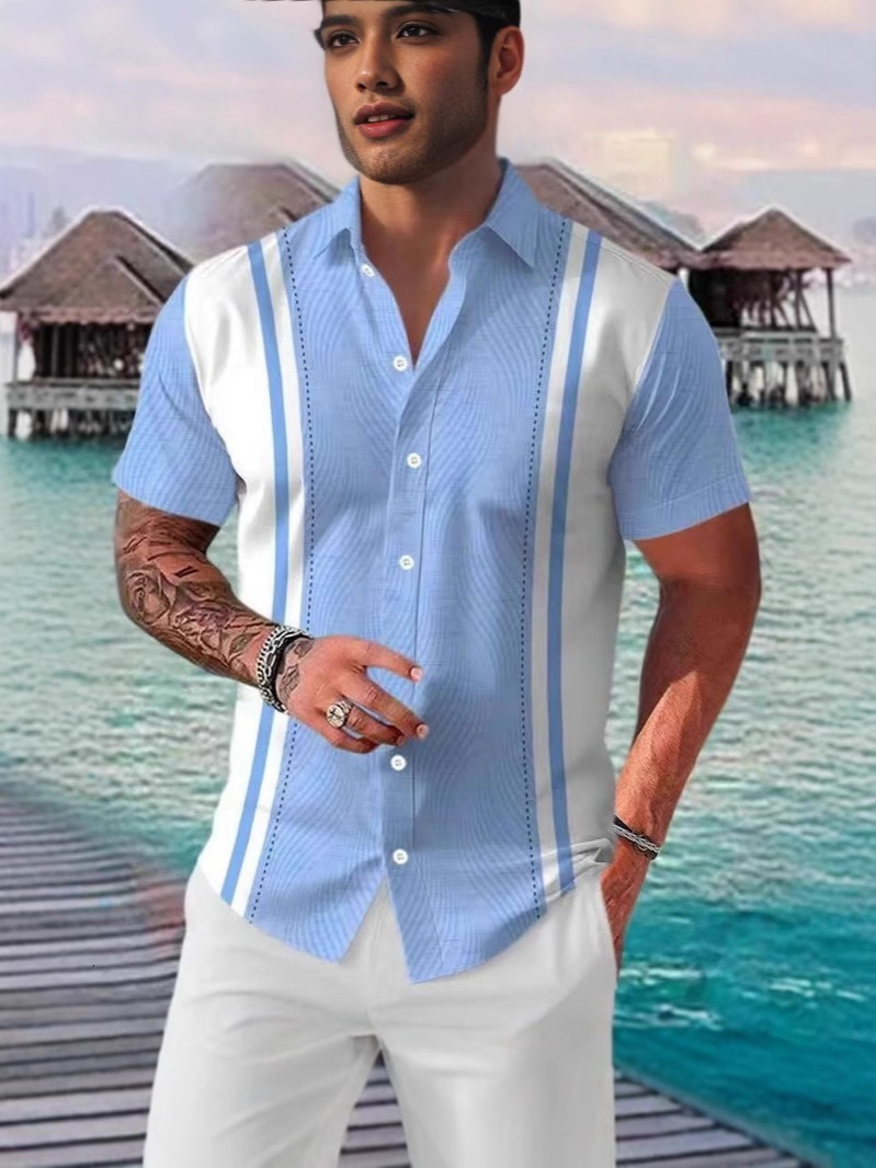 Mens Summer Thin Breathable Beach Striped Print Four-Way Stretch Short Sleeve Floral Shirt - view 9