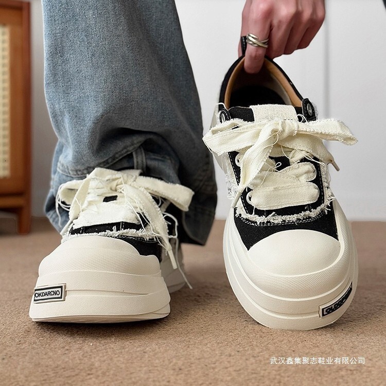 New Vintage Fringed Canvas Platform Shoes for Men Wavy Thick Sole Raw Frayed Edge Lace Up Streetwear Walking Sneakers