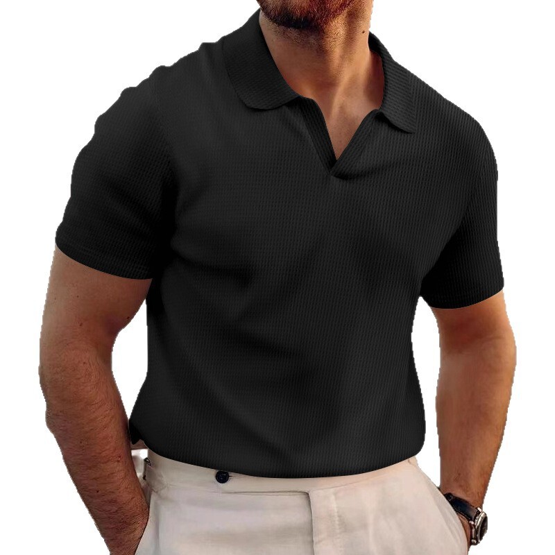 2026 New Cross-Border Men's Summer Turn-Down Collar T-Shirt, Heavyweight Waffle Knit Oversize Solid Color Casual Short Sleeve - view 6