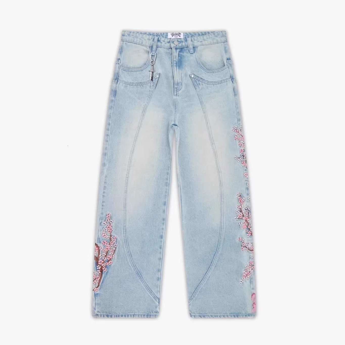 Vescartes European And Popular American Retro Loose Jeans For Women With Cherry Blossom Embroidery, Versatile Wide-Leg Pants Embroidered Jeans Straigh - view 3