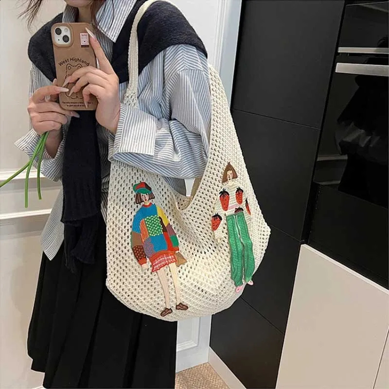 Hollow Mesh Knitted Shoulder Bag Beach Vacation Slouchy Chic Cartoon Tote Bag Lightweight Laid-Back Casual Woven Women Handbag 260626 - view 4