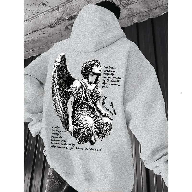 Men's Fashion Angel Print Street Retro Hooded Sweatshirt, Long-sleeved pullover shirt, Slightly elastic, W260626 - view 4