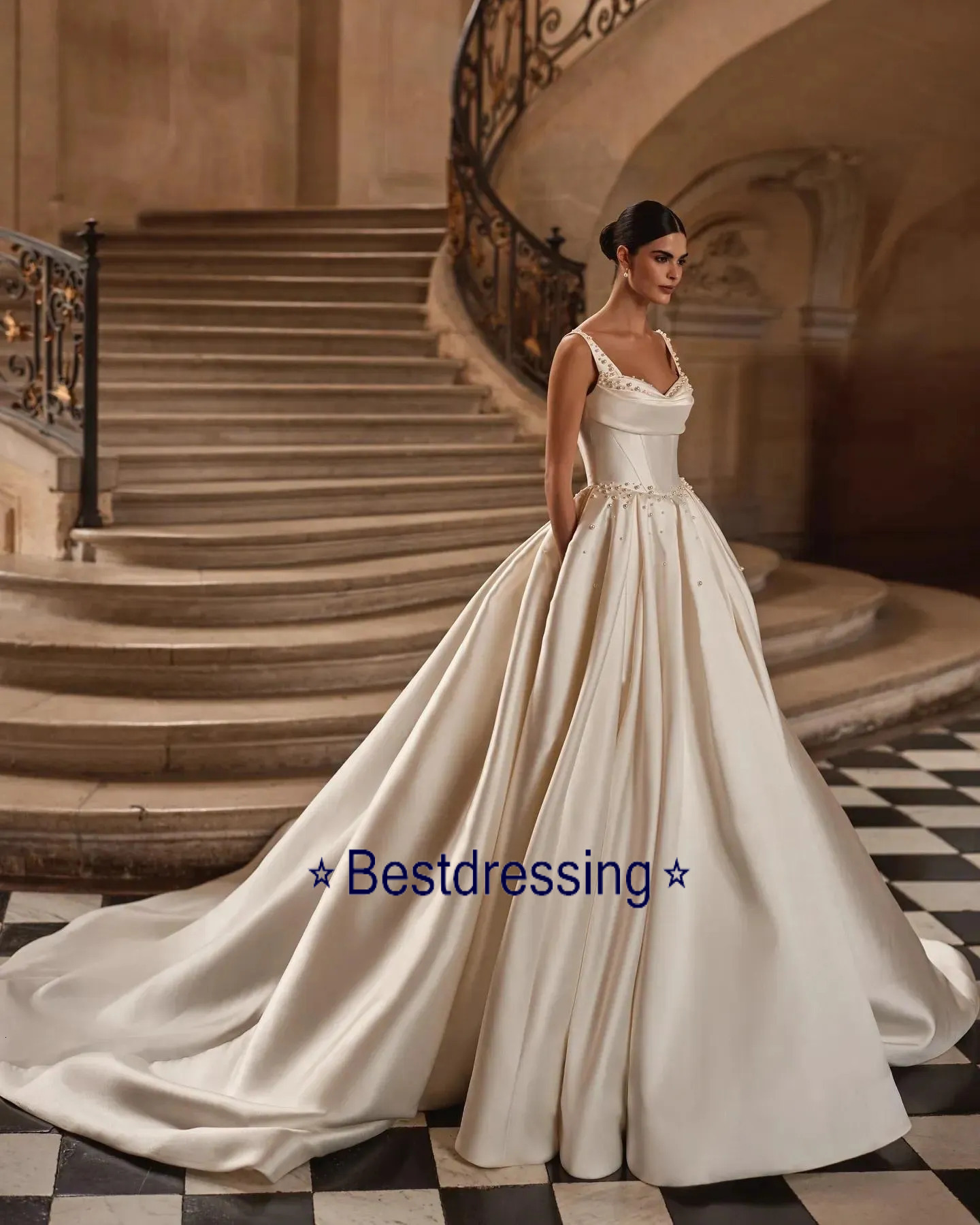Luxury Satin A Line Dress Spaghetti Strap Cowl Neckline Beaded Detail Bridal Gown With Pockets For Classic Ballroom Wedding Bd626