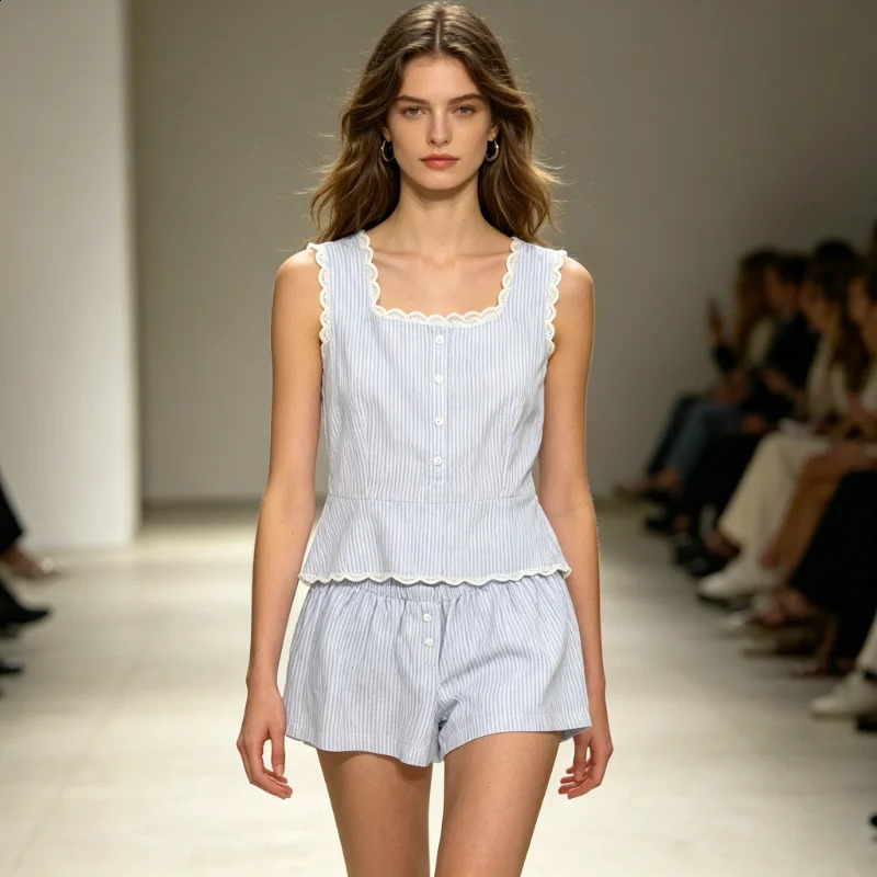 Summer Stripe Sleepwear Women Home Clothes Vest Set Lace Trim Cotton Sleeveless Round Neck Tank Top Shorts 2 Piece Pajamas 260625 - view 3