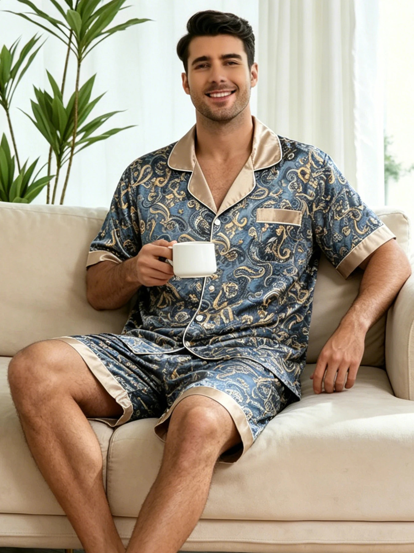 Mens Faux Silk Satin Pajama Set Short Sleeve ButtonDown Paisley Print Loungewear Summer Sleepwear Nightwear Casual Homewear 260615 - view 3