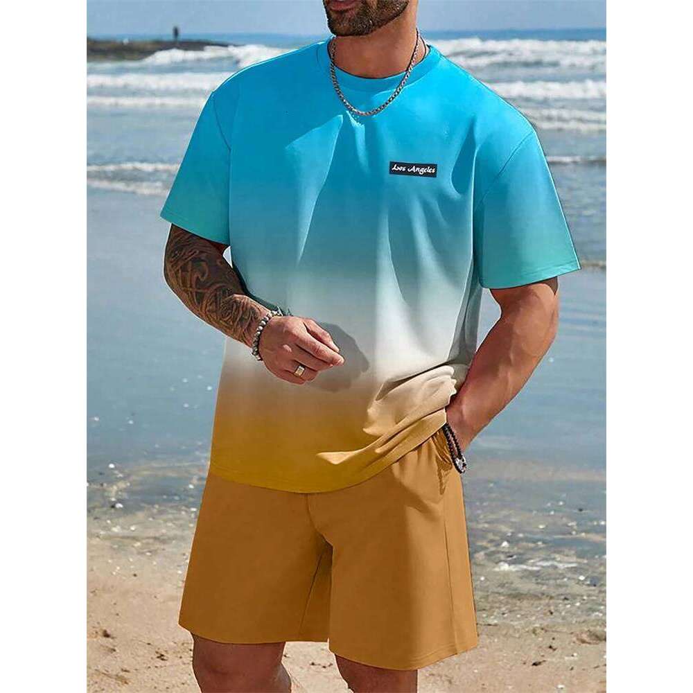 Summer Sportswear Fashion Casual Short Sleeve Vacation Style Gradient Printing Men's T-Shirt Shorts Suit Menswear 26Y0626 - view 1