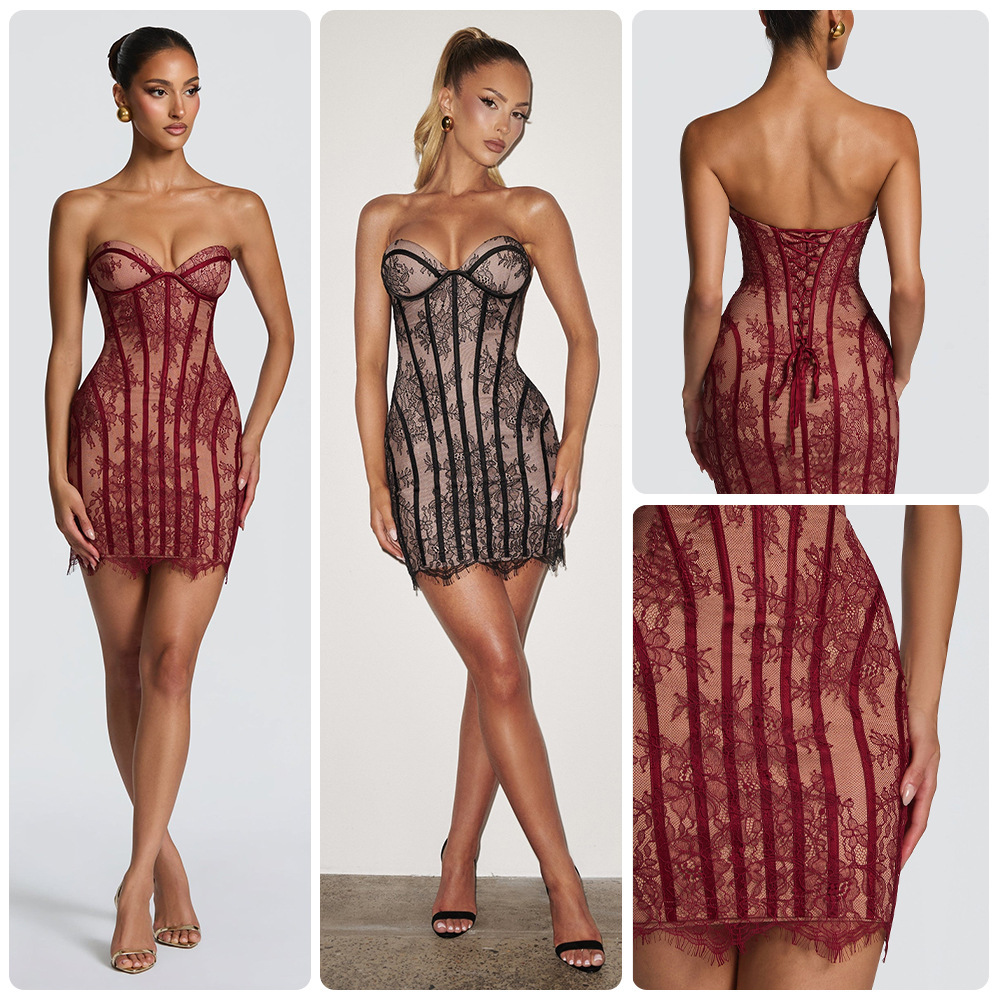 2026 New Lace Tight Tube Top Dress Exquisite Crochet Slim Short Skirt High Waist Slimming A-line Skirt