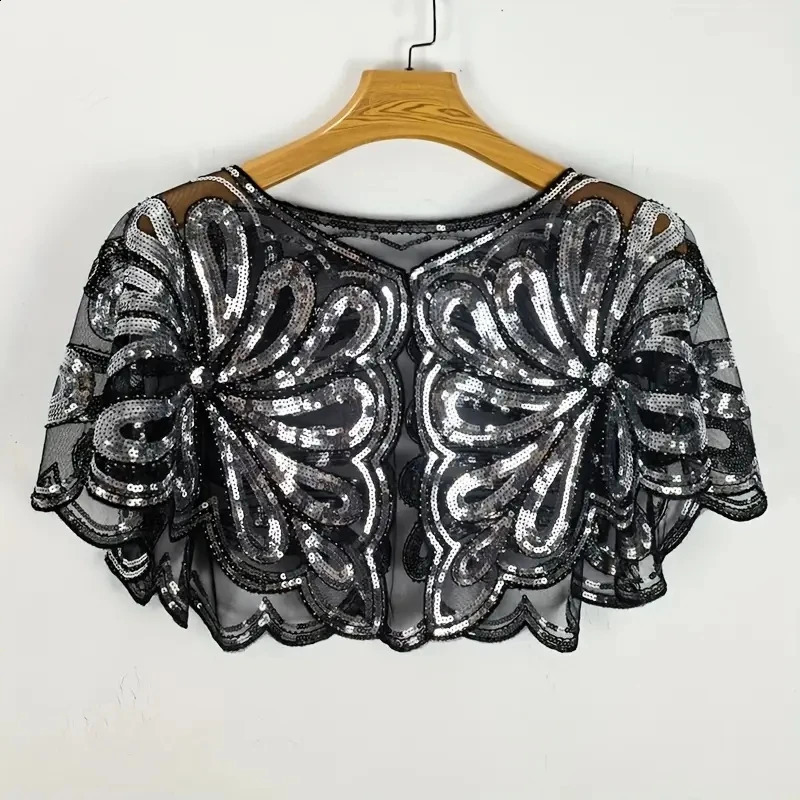 Vintage Sequin Floral Capelet Shawl Sparkling Embellished Party Accessory Hand Washable No Stretch Elegant Decorative Cape 260625 - view 4