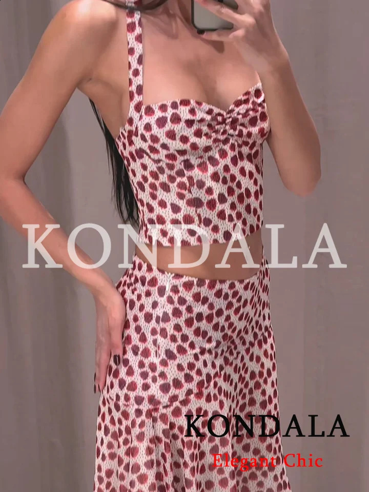 KONDALA Women Holiday Beach Print Trendy Skirt Set Backless Halter Top Midi Fashion 2026 Spring Summer Date 260626 - view 5