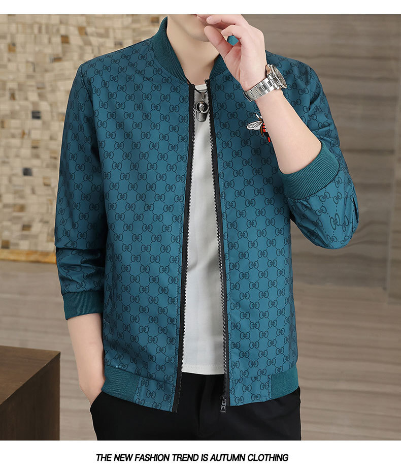 Men's Slim-Fit Jacket, Casual Hooded Long-Sleeve Outerwear with Beige and Black Animal Print Monogram Applique, Acetate Fabric, Zipper Closure for Out - view 3