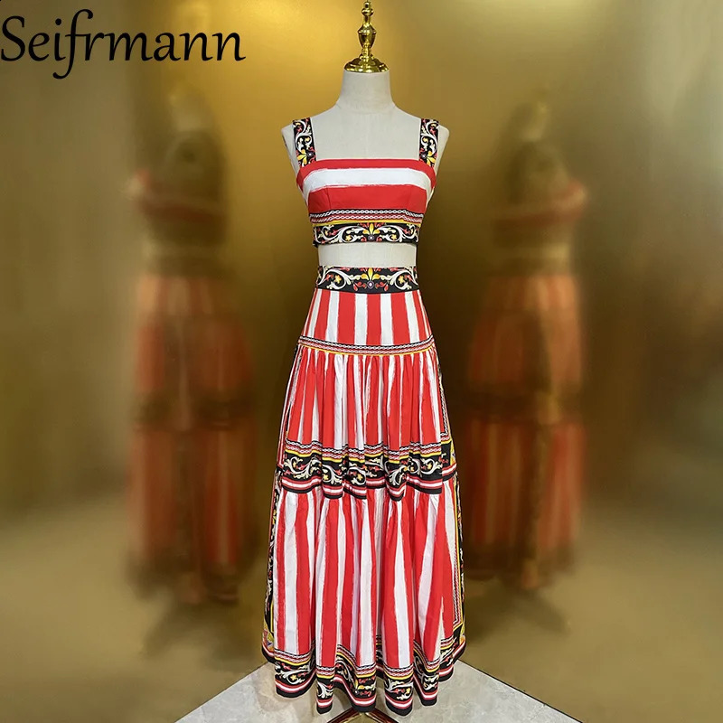 Seifrmann 2026 Summer Womens Fashionable Square Collar Sleeveless Cotton Printed TopLong Half Skirt Two Piece Set 260625