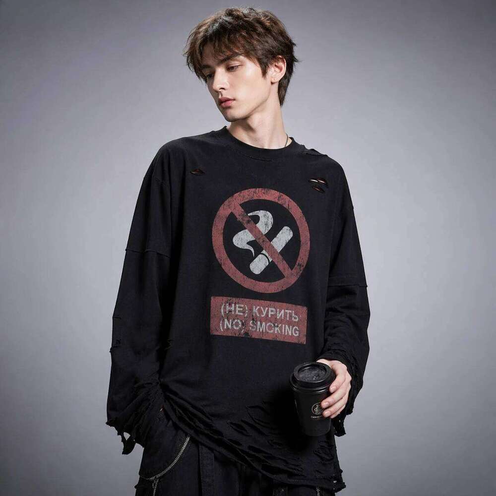 Y2K Cigarette Pattern Print Streetwear Harajuku Hip Hop Ripped Long Sleeve Top Gothic Fashion Crew Neck Sweatshirt Men Women W260626 - view 3