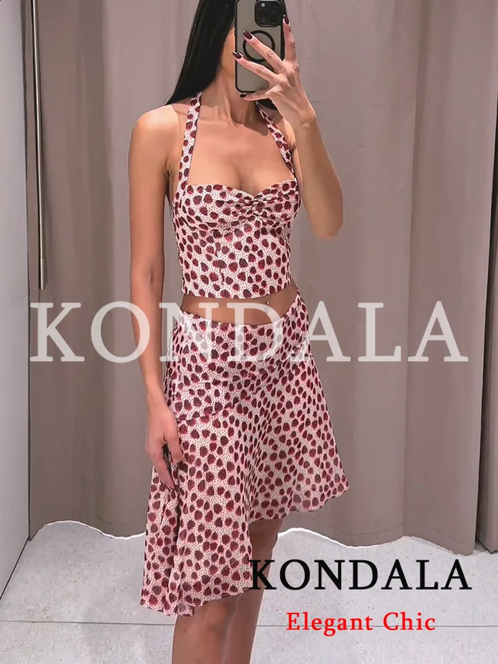 KONDALA Women Holiday Beach Print Trendy Skirt Set Backless Halter Top Midi Fashion 2026 Spring Summer Date 260626 - view 3