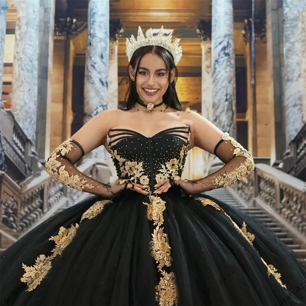 Black strapless bandage sheer long-sleeve heavily beaded train ball gown Quinceanera dark luxury princess dress - view 3