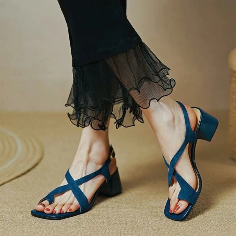 Footwear Square Heels Womens Shoes Beach Sandals for Woman One Word Summer Blue Medium Breathable Fashion Vip Sale F H 260626 - view 6