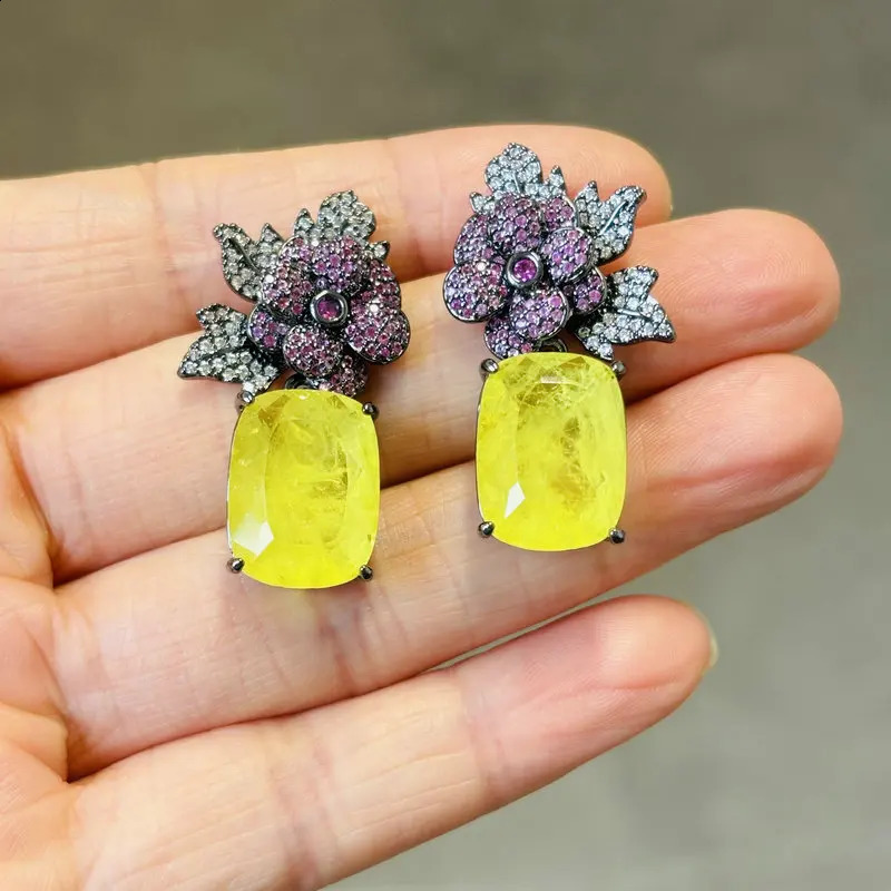 Bilincolor Red Flower and Yellow Cubic Zirconia Dangling Earring for Women 260625 - view 7