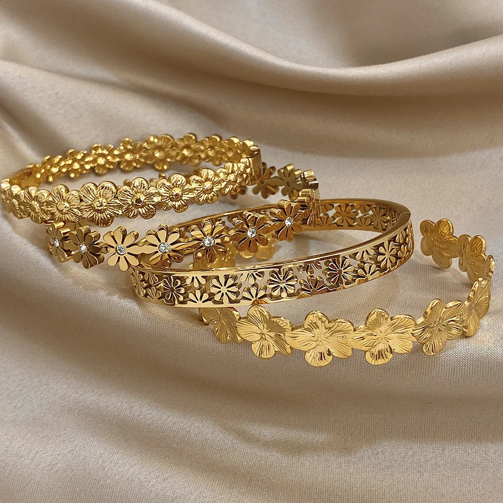 316L Stainless Steel Flower Cuff Bracelet Bangle for Women Fashion Hollow Floral Aesthetic Couple Wrist Stacked Jewelry Gifts 260625 - view 7