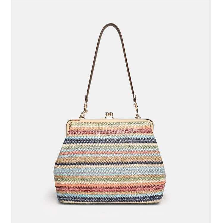 New Woven Handbag For Women Color Contrast Striped Shoulder Vintage Shell Bag Fashionable Versatile Commuting Bag