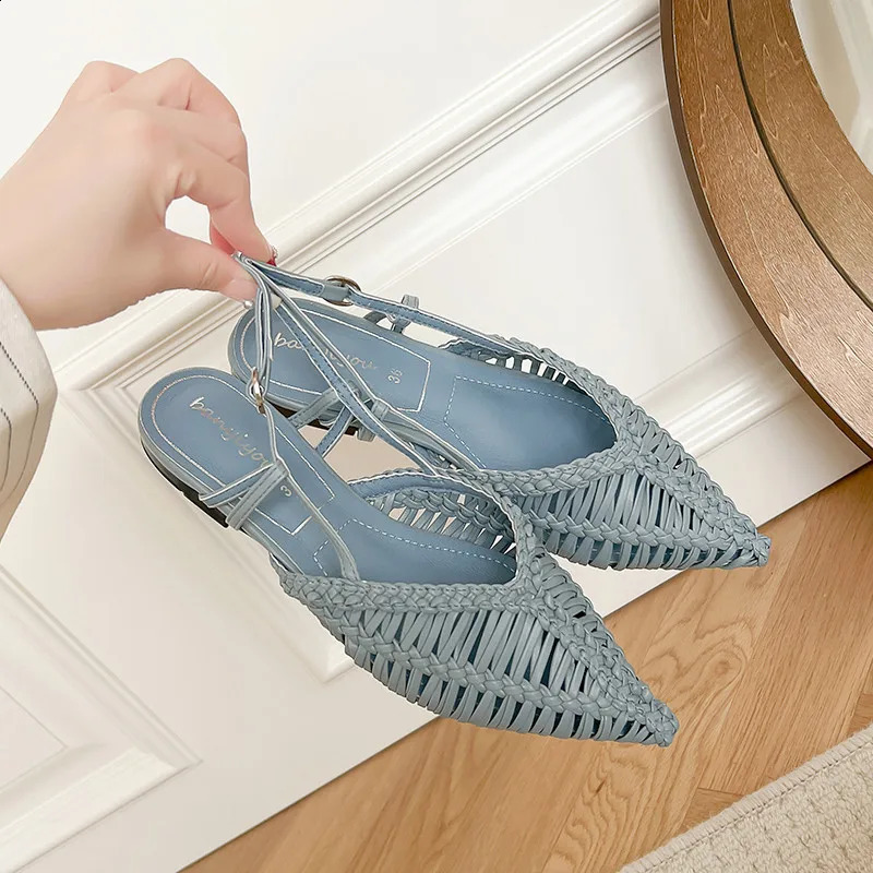 Braided Womens Sandals Summer Pointed Toe Flat Shoes Ladies Blue Hollow Out Beach Mules Gladiator Sandalias Mujer Slippers 260626 - view 3