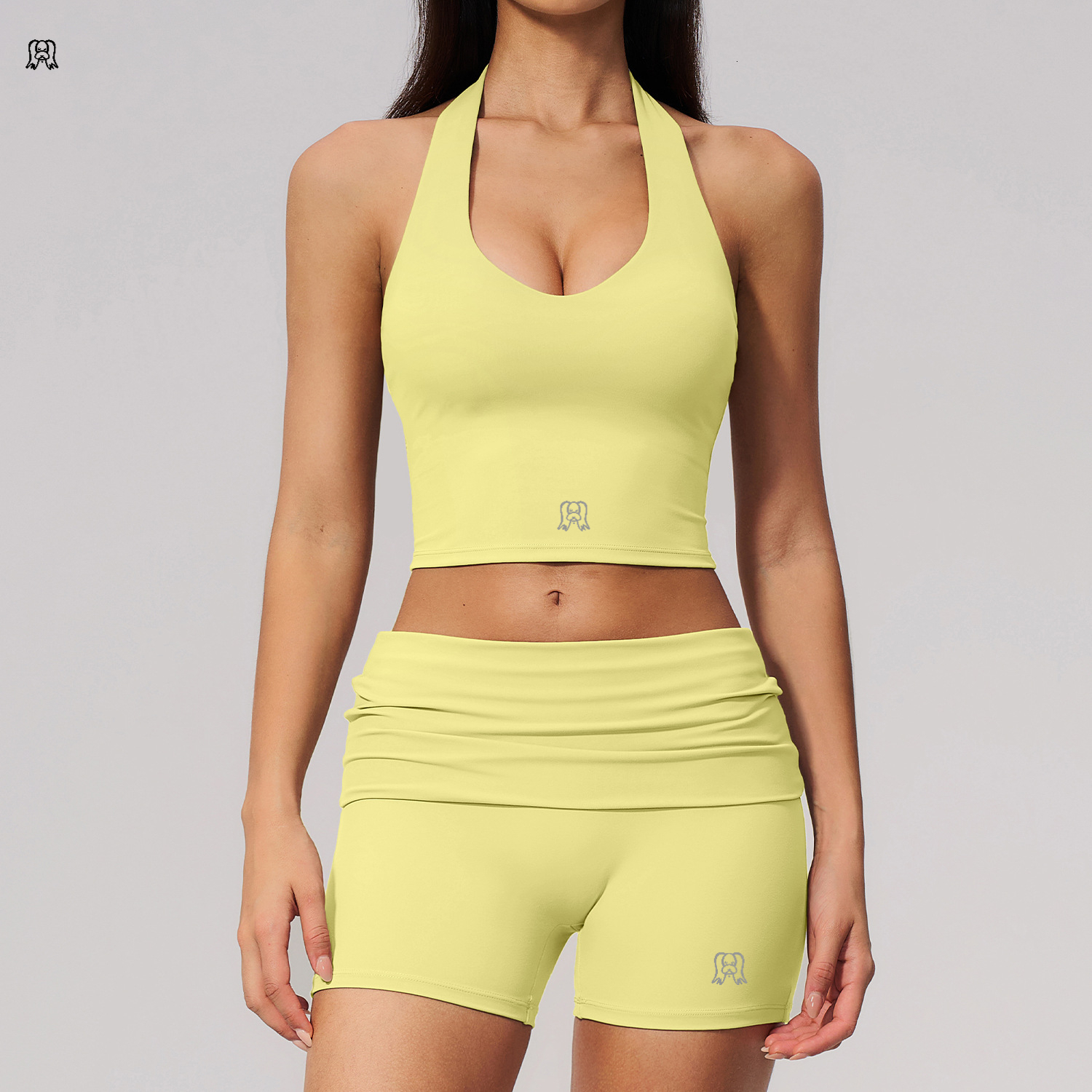 lucky dog yoga V-neck cross with chest cushion vest, foldable waist yoga shorts set - view 3