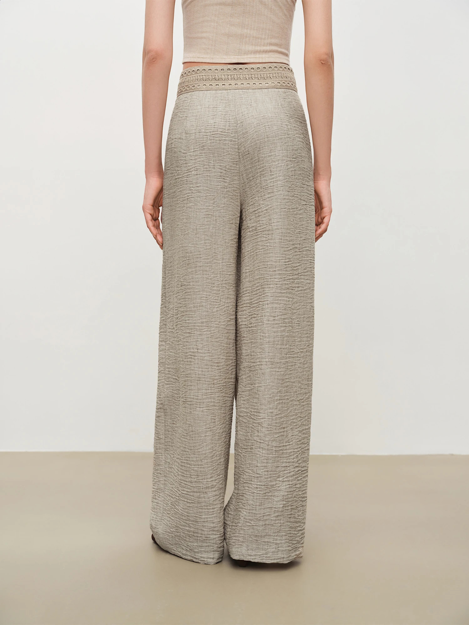 ZIQIAO Women Textured Casual Long Pants 2026 Summer Arrival High Waist Lace Trim Knitted Straight Trousers 260625 - view 4