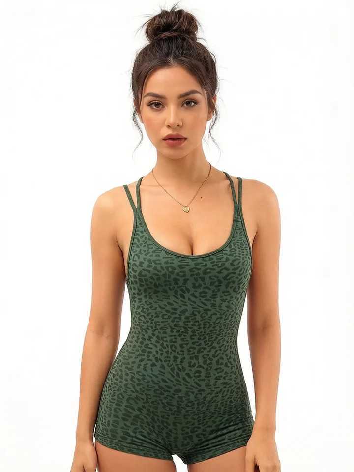 Green Leopard Print Cross Womens Jumpsuit Ruched Butt Lifter Shorts Bodysuit Workout Gym Yoga Fitness Activewear M260626 - view 5