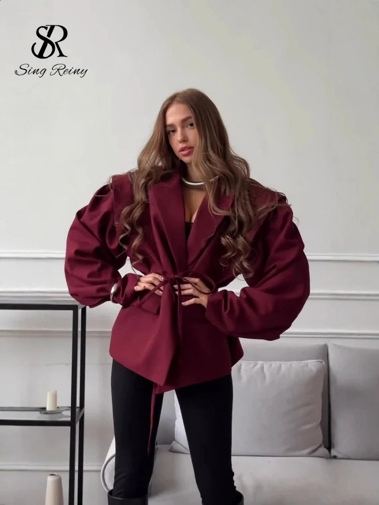SINGREINY Chic Oversize Floral Printed Jacket Women Padded Lapel Lace Up Loose Outwears Autumn Long Sleeves OL Casual Blazer 260625 - view 4