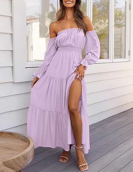2025 Bohemian Sexy Off-Shoulder Long-Sleeve Ruched High-Waisted Side-Slit Flowing A-Line Layered Maxi Dress - view 6