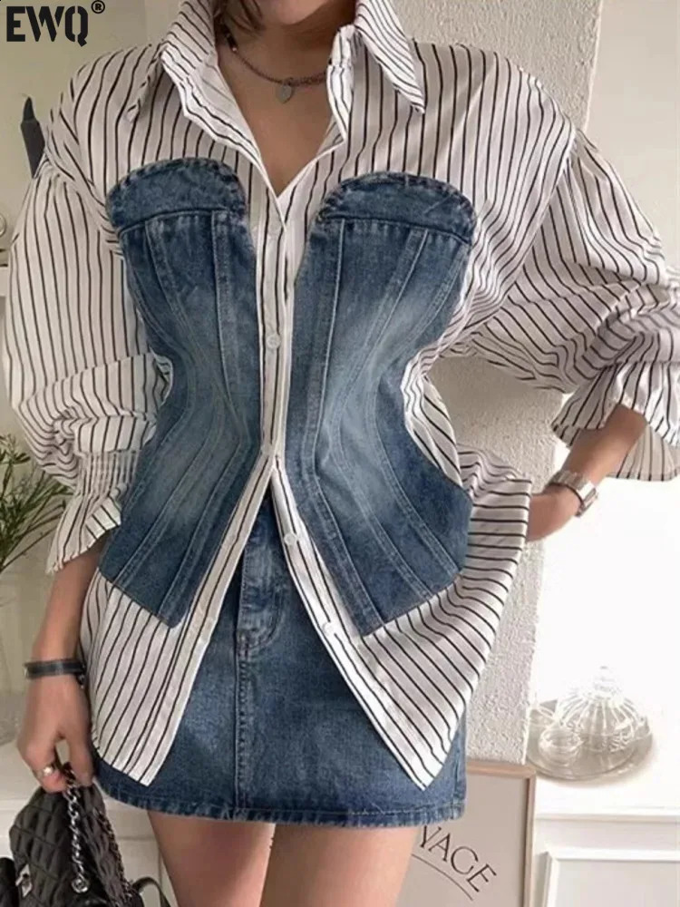 EWQ Korean Fashion Denim Patchwork Long Sleeve Striped Blouse Slim Single Breasted Temperament Women Shirt Spring Autumn 260626