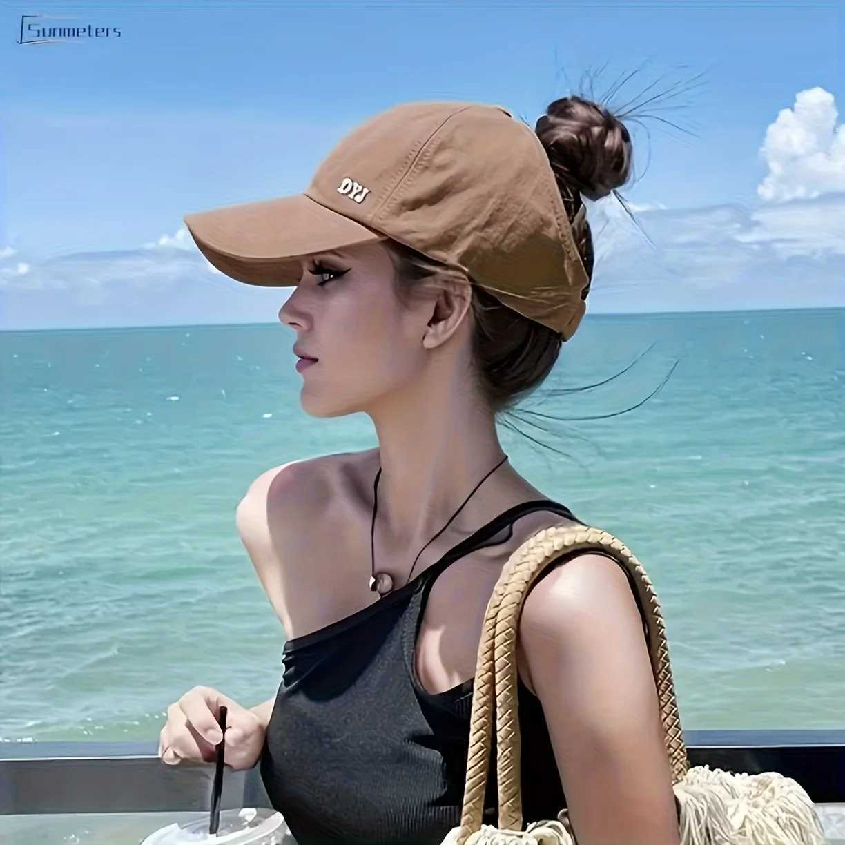 baseball Womens casual Ponytail hat with open top letter embroidery on the front of the hat opening design at the M260626 - view 7