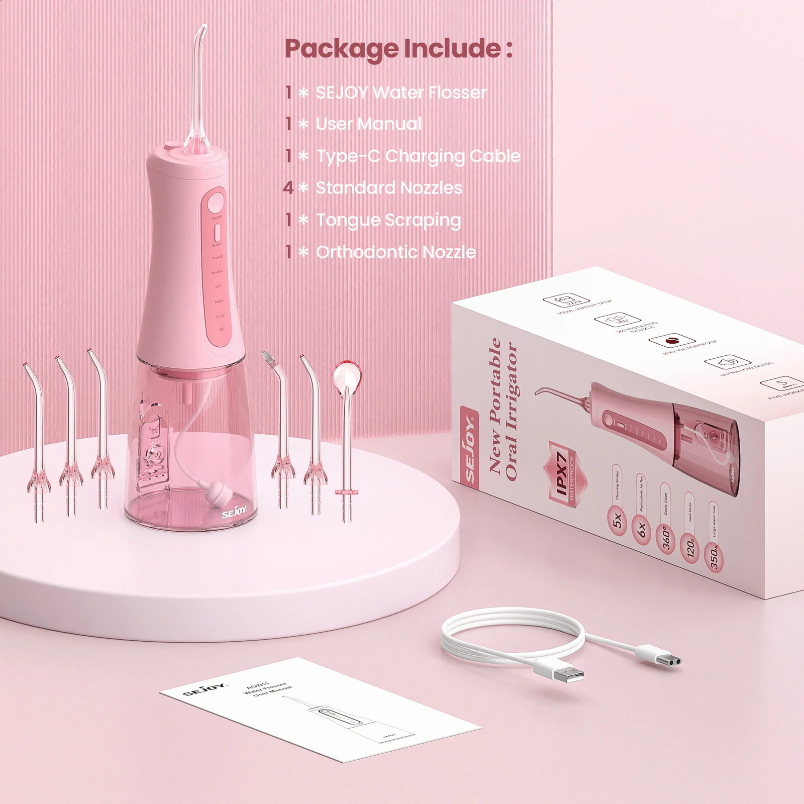 SEJOY Portable Electric Dental Water Flosser Irrigator Teeth Strips 350ML Tank 5 Modes 6 Jet Tips For Home Travel 260626 - view 4