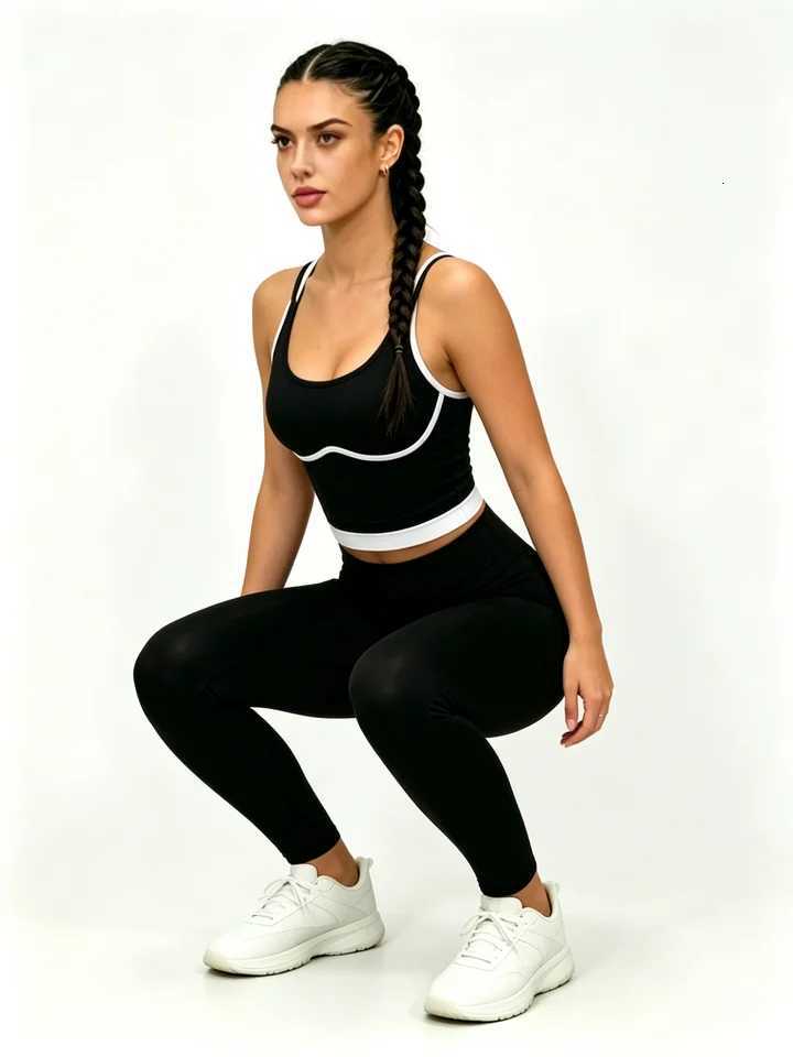 Yoga Set 2 Piece Womens Black White Contrast Sports Tank Top High Waist Leggings Workout Gym Fitness Activewear Tracksuit M260626 - view 5