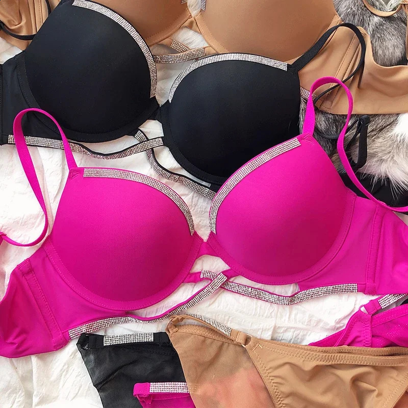 2 Pieces Sexy Underwear Set for Women Classic Cross Hollow Bra Sparkle Rhinestones Lingerie Deep V Push Up Brassiere 260626 - view 4