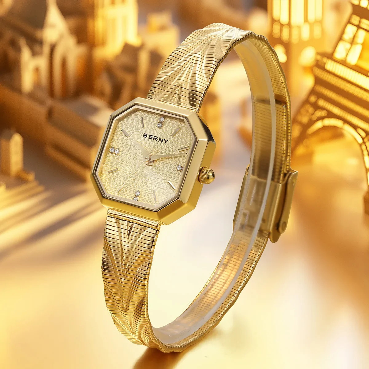 BERNY Gold Watch for Women Grit Dial Octagonal Ladies Quartz Wristwatch Stainless Steel Women Small Golden Watch y Watches 260625 - view 4