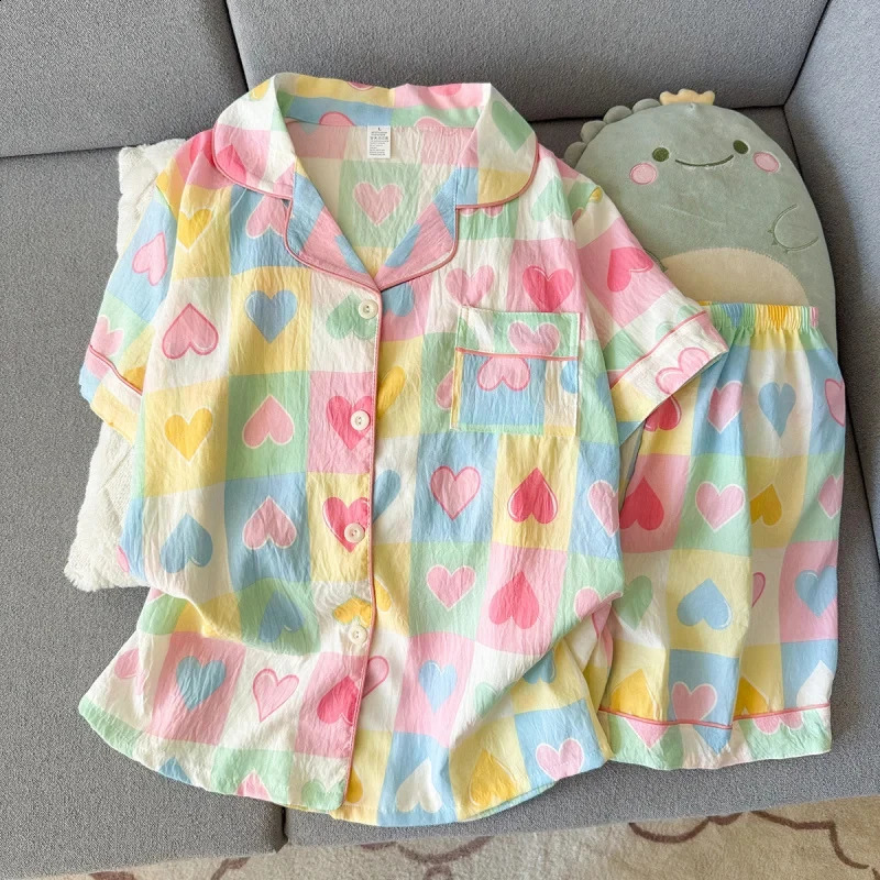 Women Summer Lapel Open Front Pajama Set Short Sleeve Top Shorts Sweet Ins Teen Loungewear Casual Daily Outdoor Home Wear Suit 260625