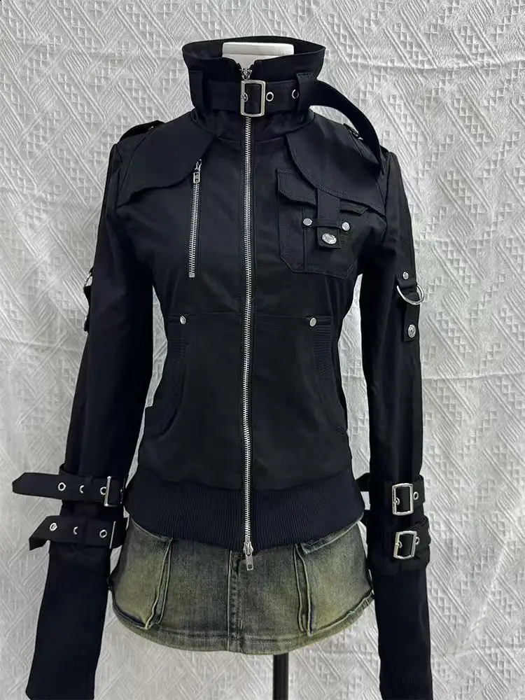 Gothic Black Slim Double Zipper Hoodie Womens Y2K American Retro Fashion Slim Oversized Cuffs Casual Motorcycle Jacket 260626 - view 6