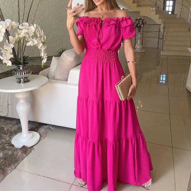 2026 New Fashion Solid Color Lotus Lace-Up Ruffle Trim Strapless Puff Sleeve Flared Dress - view 8