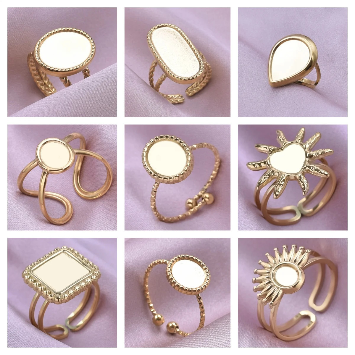 5pcs Retro Stainless Steel Gold Plated Ring Irregular Geometry Bow Ellipse Water Droplet Rings Diy Stone Drill Jewelry No Fading 260625 - view 4